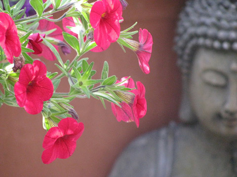 Meditierender Buddha mit Blumen